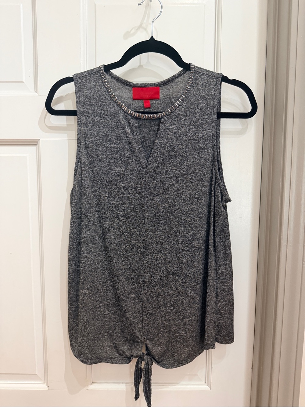 Jennifer Lopez Charcoal Gray Sleeveless Tank with Jeweled Neckline and Front Tie